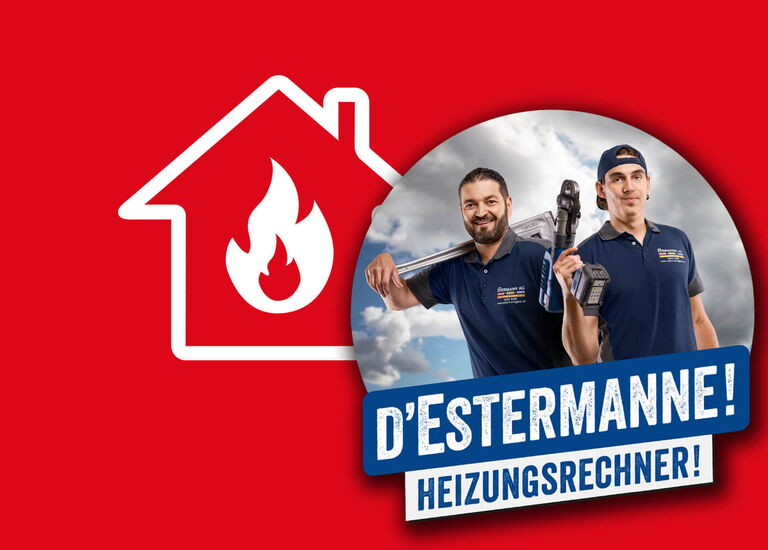 Hausillustration mit Flamme und zwei Monteuren
