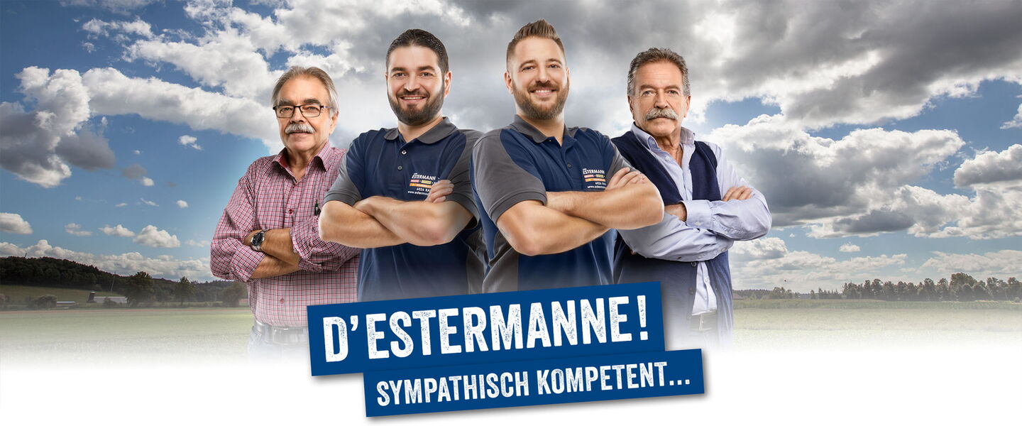4 Handwerker vor Wiese und Wolkenhimmel
