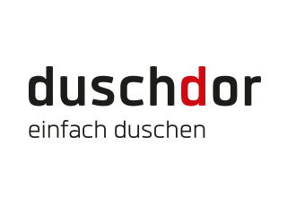 Rotschwarzes typografisches Logo: duschdor - einfach duschen