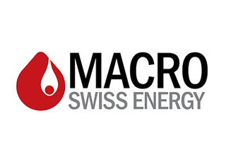 Macro Swiss Energy Firmenlogo in schwarzer Schrift und roter Tropfenillustration