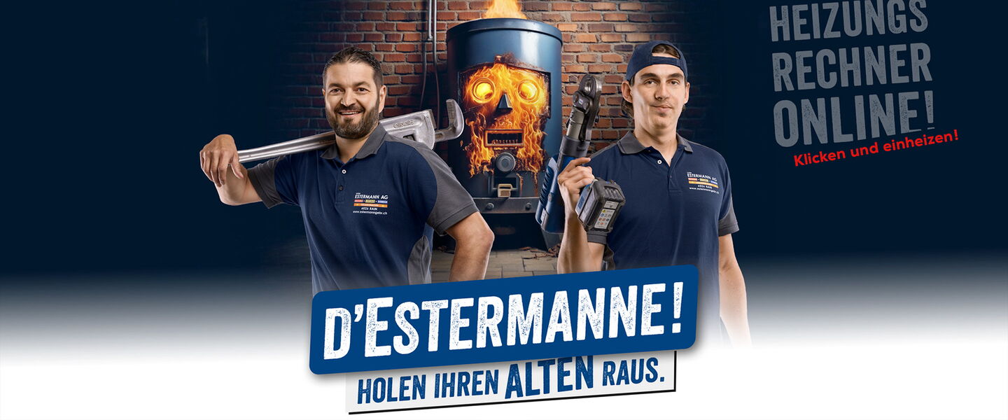 Heizungsinstallateure vor einem alten brennenden Heizkessel mit dunklem Hintergrund