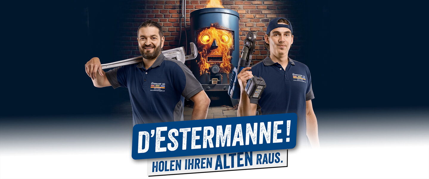 Heizungsinstallateure vor einem alten cartoonartigen Heizkessel mit dunklem Hintergrund