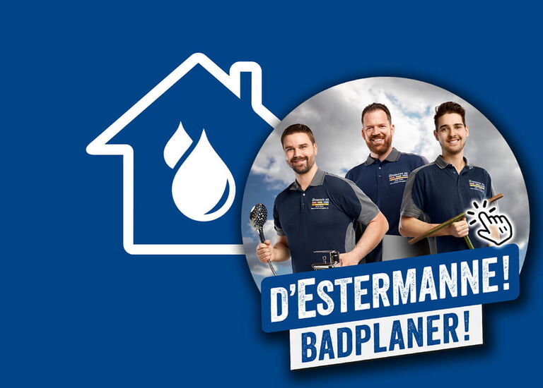 Weisse Hausillustration mit Badge von 3 Handwerkern und Typografie